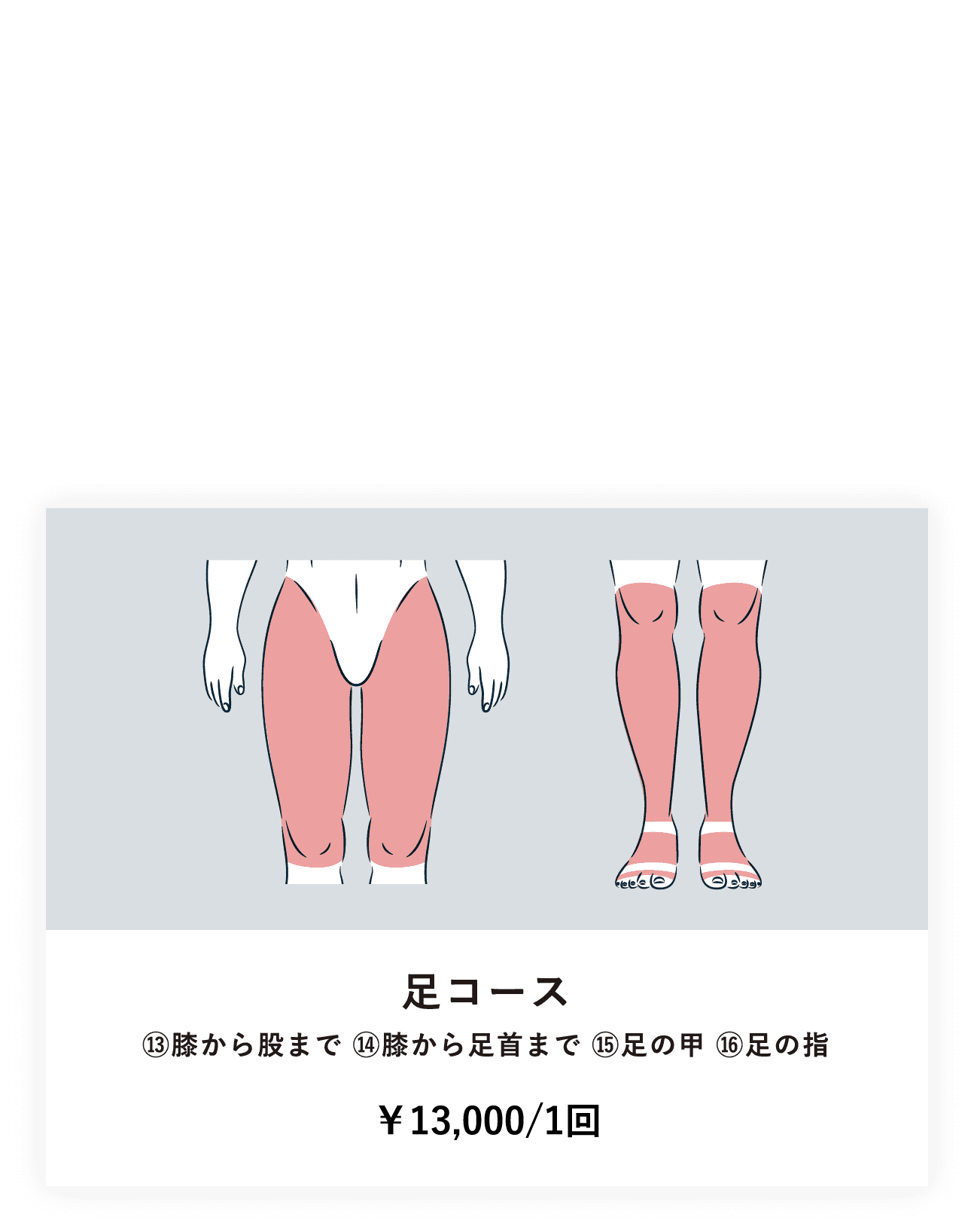 足コース
              ⑬膝から股まで ⑭膝から足首まで ⑮足の甲 ⑯足の指 ¥167,500/10回　¥108,875/5回　¥26,800/1回
